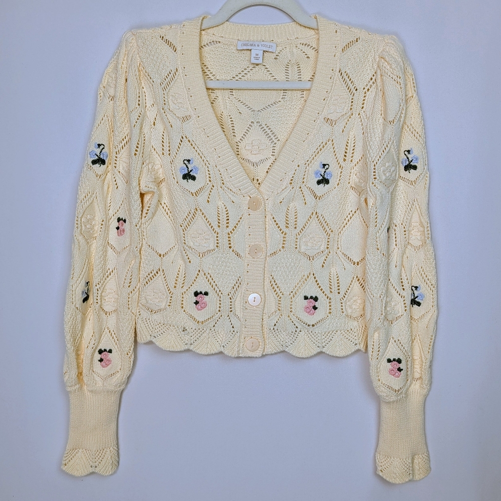 CHELSEA & VIOLET Pointelle Knit Floral Embroidered Button Front Cardigan Sweater - Picture 2 of 12